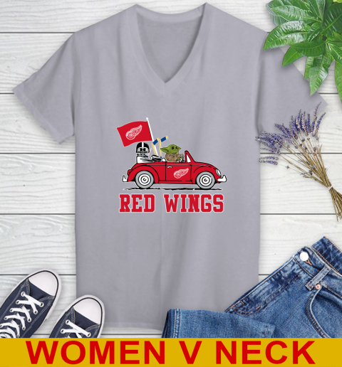 NHL Hockey Detroit Red Wings Darth Vader Baby Yoda Driving Star Wars Shirt Women's V-Neck T-Shirt 6 NHL Hockey Detroit Red Wings Darth Vader Baby Yoda Driving Star Wars Shirt Women's V-Neck T-Shirt - Image 6
