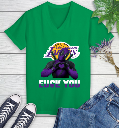 NBA Los Angeles Lakers Deadpool Love You Fuck You Basketball Women's V-Neck T-Shirt 5