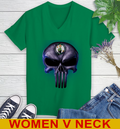 Boston Celtics NBA Basketball Punisher Skull Sports Women's V-Neck T-Shirt 5