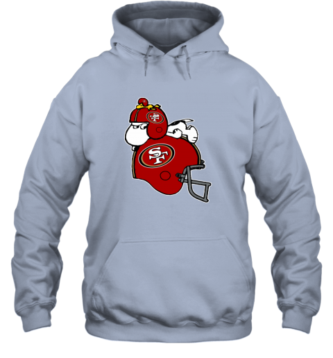 qusm snoopy and woodstock resting on san francisco 49ers helmet hoodie 23 front light blue