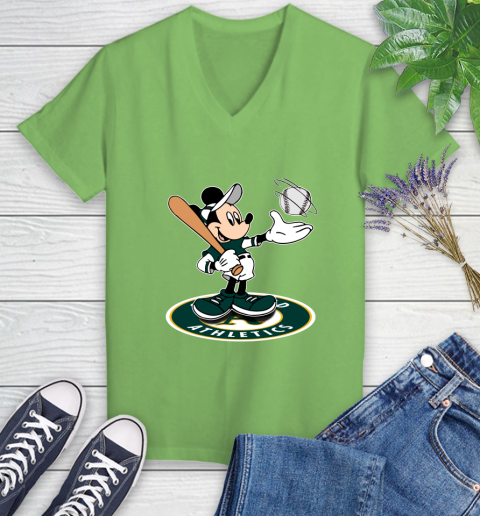 MLB Baseball Oakland Athletics Cheerful Mickey Disney Shirt Women's V-Neck T-Shirt 9