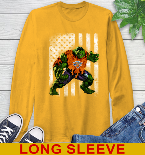 New York Knicks Hulk Marvel Avengers NBA Basketball American Flag Long Sleeve T-Shirt 2