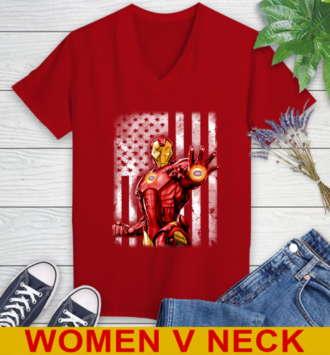 Montreal Canadiens NHL Hockey Iron Man Avengers American Flag Shirt Women's V-Neck T-Shirt 10