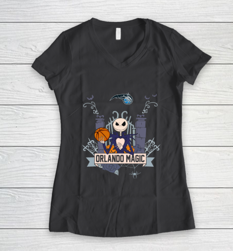 NBA Orlando Magic Basketball Jack Skellington Halloween Women's V-Neck T-Shirt 6