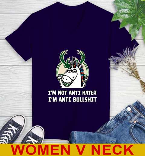 Milwaukee Bucks NBA Basketball Unicorn I'm Not Anti Hater I'm Anti Bullshit Women's V-Neck T-Shirt 4