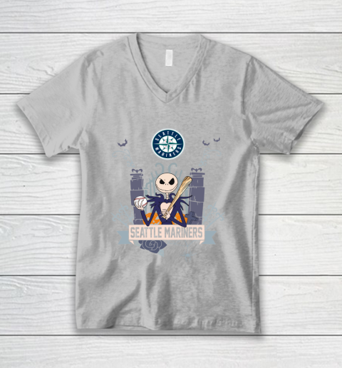 MLB Seattle Mariners Baseball Jack Skellington Halloween V-Neck T-Shirt 3