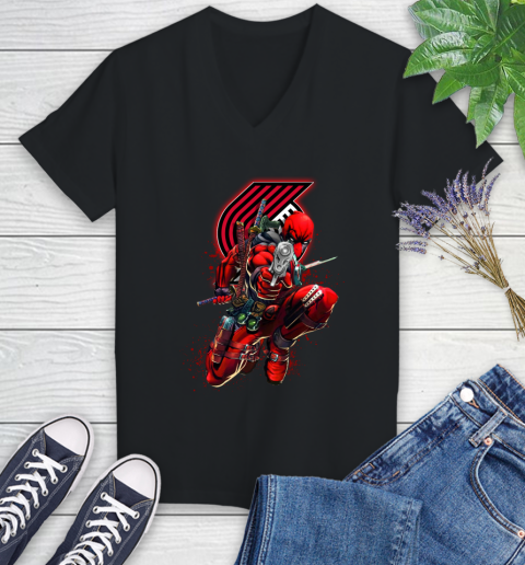 NBA Deadpool Marvel Comics Sports Basketball Portland Trail Blazers Women's V-Neck T-Shirt 2