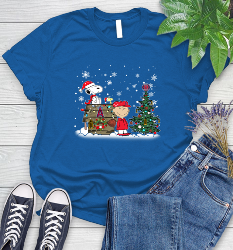 MLB Los Angeles Angels Snoopy Charlie Brown Christmas Baseball Commissioner's Trophy Women's T-Shirt 12