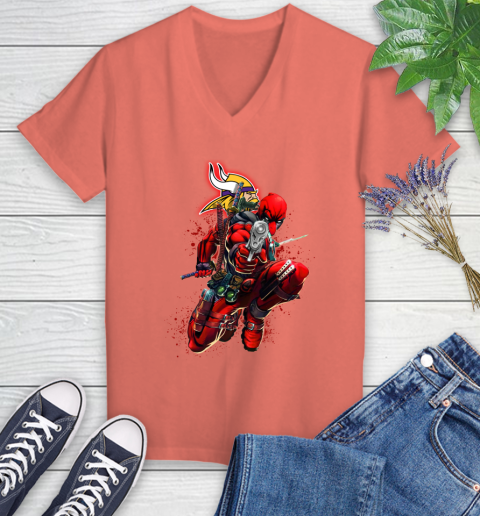 NFL Deadpool Marvel Comics Sports Football Minnesota Vikings Women's V-Neck T-Shirt 6