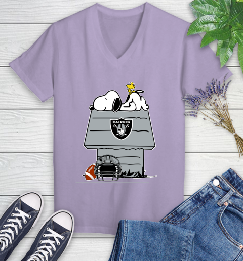Oakland Raiders NFL Football Snoopy Woodstock The Peanuts Movie Women's V-Neck T-Shirt 14