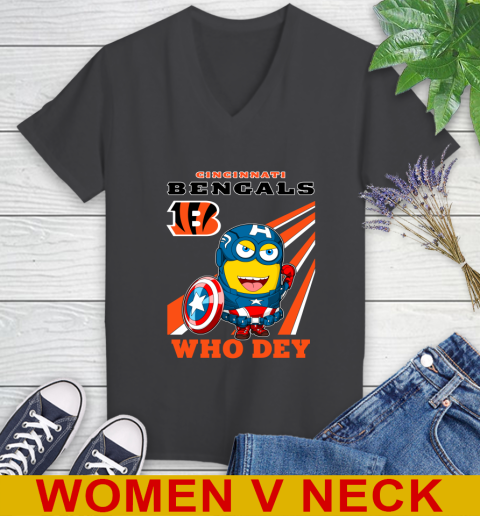 NFL Football Cincinnati Bengals Captain America Marvel Avengers Minion Shirt Women's V-Neck T-Shirt 8