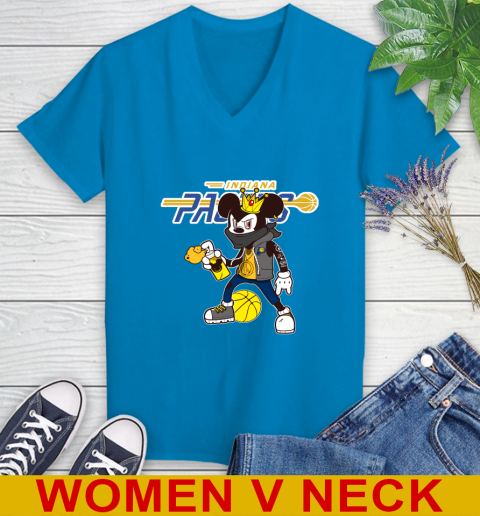 Indiana Pacers NBA Basketball Mickey Peace Sign Sports Women's V-Neck T-Shirt 8