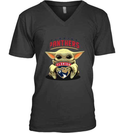 Baby Yoda Hugs The Florida Panthers Ice Hockey V-Neck T-Shirt