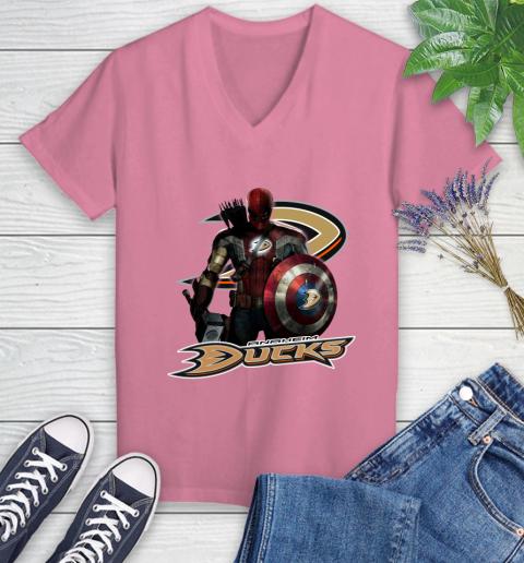 NHL Captain America Thor Spider Man Hawkeye Avengers Endgame Hockey Anaheim Ducks Women's V-Neck T-Shirt 13