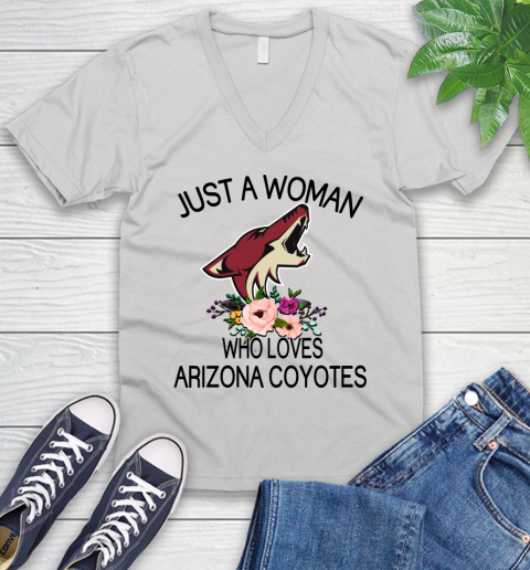 NHL Just A Woman Who Loves Arizona Coyotes Hockey Sports V-Neck T-Shirt