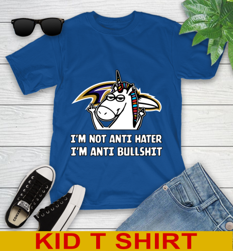 Baltimore Ravens NFL Football Unicorn I'm Not Anti Hater I'm Anti Bullshit Youth T-Shirt 9