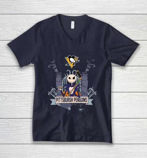 NHL Pittsburgh Penguins Hockey Jack Skellington Halloween V-Neck T-Shirt 2