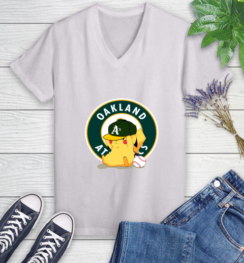 MLB Pikachu Baseball Sports Oakland Athletics Women's V-Neck T-Shirt