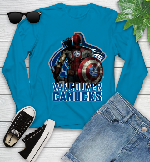 NHL Captain America Thor Spider Man Hawkeye Avengers Endgame Hockey Vancouver Canucks Youth Long Sleeve 7