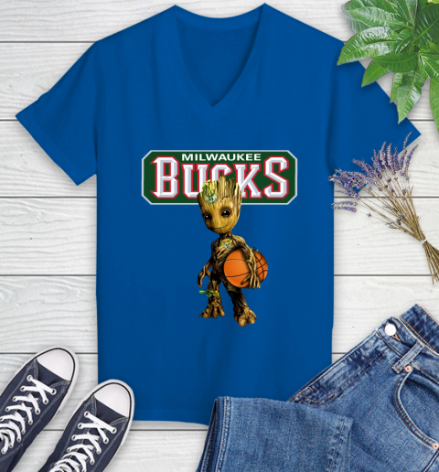 Milwaukee Bucks NBA Basketball Groot Marvel Guardians Of The Galaxy Women's V-Neck T-Shirt 10