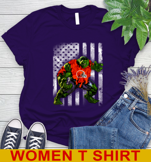 Cleveland Browns Hulk Marvel Avengers NFL Football American Flag Women's T-Shirt 4