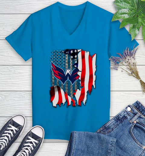 Washington Capitals NHL Hockey American Flag Women's V-Neck T-Shirt 7