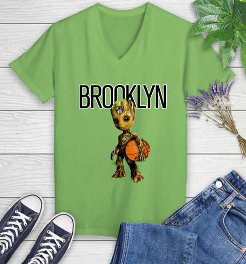 Brooklyn Nets NBA Basketball Groot Marvel Guardians Of The Galaxy Women's V-Neck T-Shirt 11