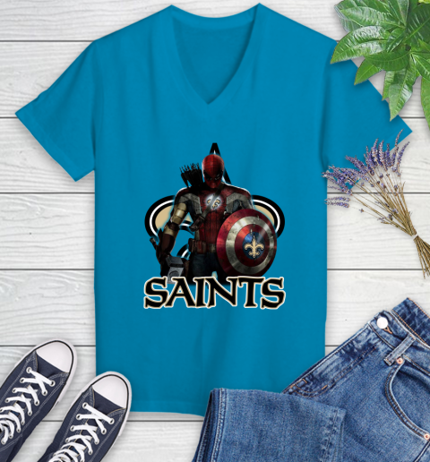 NFL Captain America Thor Spider Man Hawkeye Avengers Endgame Football New Orleans Saints Women's V-Neck T-Shirt 7