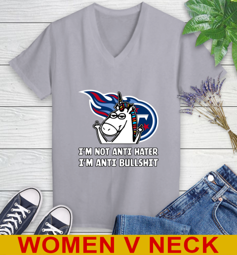Tennessee Titans NFL Football Unicorn I'm Not Anti Hater I'm Anti Bullshit Women's V-Neck T-Shirt 5