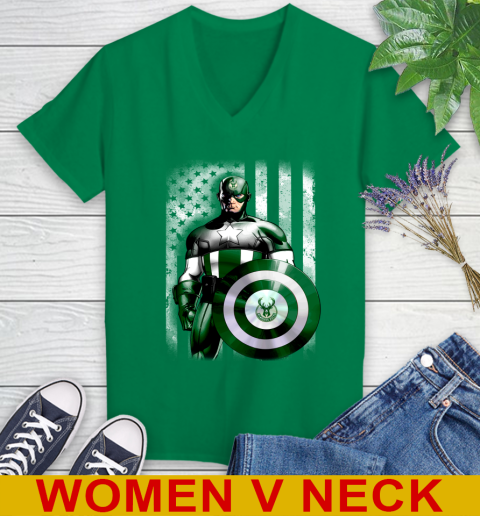 Milwaukee Bucks NBA Basketball Captain America Marvel Avengers American Flag Shirt Women's V-Neck T-Shirt 5