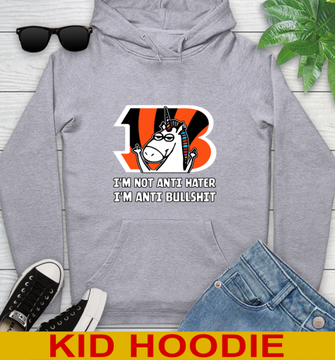 Cincinnati Bengals NFL Football Unicorn I'm Not Anti Hater I'm Anti Bullshit Youth Hoodie 6