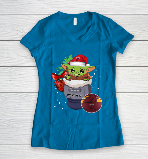 Miami Heat Christmas Baby Yoda Star Wars Funny Happy NBA Women's V-Neck T-Shirt 7