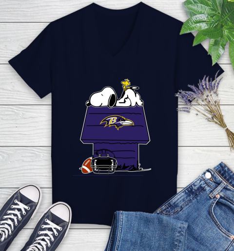 Baltimore Ravens NFL Football Snoopy Woodstock The Peanuts Movie Women's V-Neck T-Shirt 3