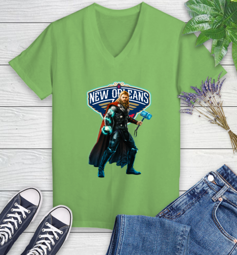 NBA Thor Avengers Endgame Basketball New Orleans Pelicans Women's V-Neck T-Shirt 11