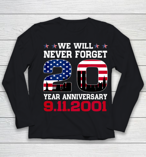 Never Forget 911 20th Anniversary Patriot Day USA Flag Youth Long Sleeve