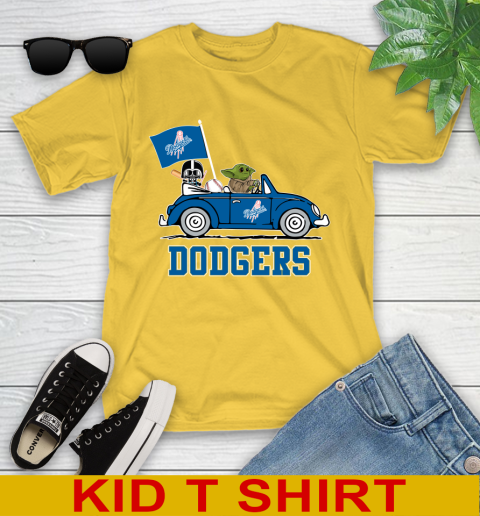 MLB Baseball Los Angeles Dodgers Darth Vader Baby Yoda Driving Star Wars Shirt Youth T-Shirt 8