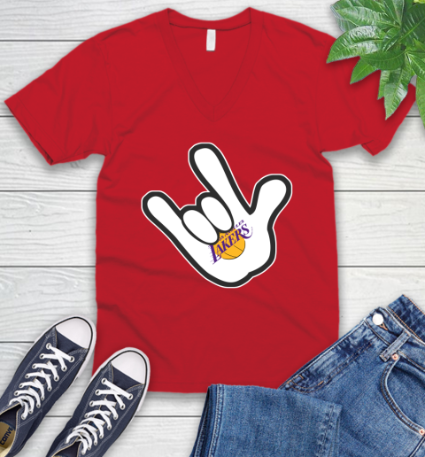 Los Angeles Lakers NBA Basketball Mickey Rock Hand Disney V-Neck T-Shirt 7