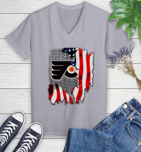 Philadelphia Flyers NHL Hockey American Flag Women's V-Neck T-Shirt 4