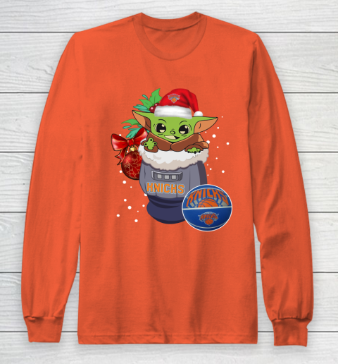 New York Knicks Christmas Baby Yoda Star Wars Funny Happy NBA Long Sleeve T-Shirt 5