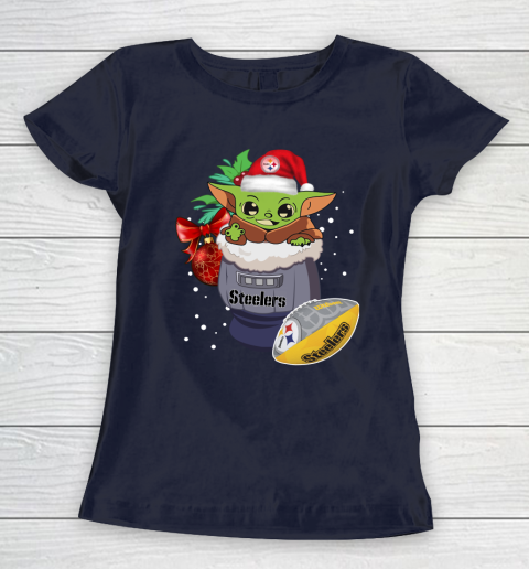 Pittsburgh Steelers Christmas Baby Yoda Star Wars Funny Happy NFL Women's T-Shirt 4
