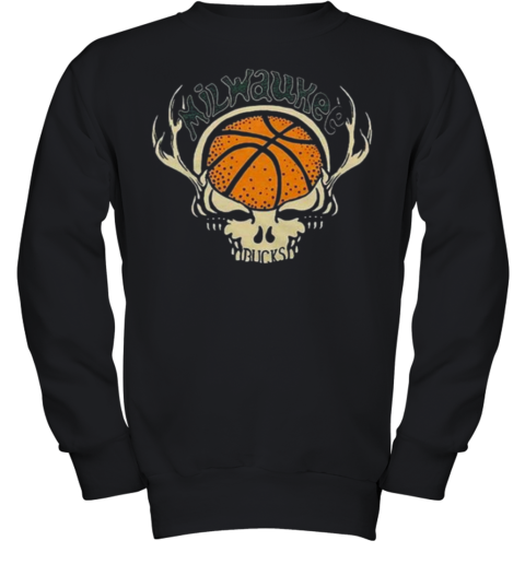 NBA x Grateful Dead x Milwaukee Bucks Skull 2024 Youth Sweatshirt