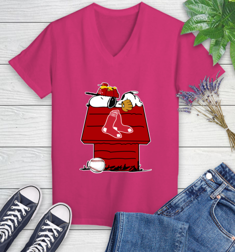 MLB Boston Red Sox Snoopy Woodstock The Peanuts Movie Baseball T Shirt Women's V-Neck T-Shirt 9