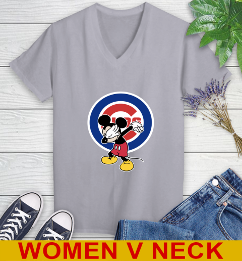 Chicago Cubs MLB Baseball Dabbing Mickey Disney Sports Women's V-Neck T-Shirt 5