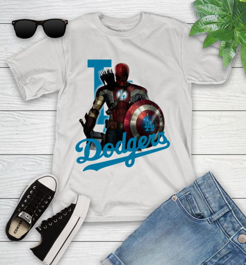 MLB Captain America Thor Spider Man Hawkeye Avengers Endgame Baseball Los Angeles Dodgers Youth T-Shirt