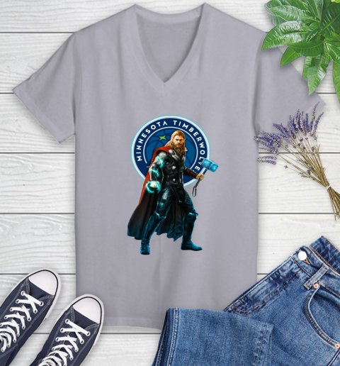 NBA Thor Avengers Endgame Basketball Minnesota Timberwolves Women's V-Neck T-Shirt 4
