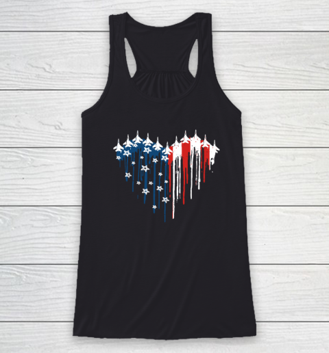 Retro Fighter Jet Airplane American Flag Heart 4th Of July Racerback Tank