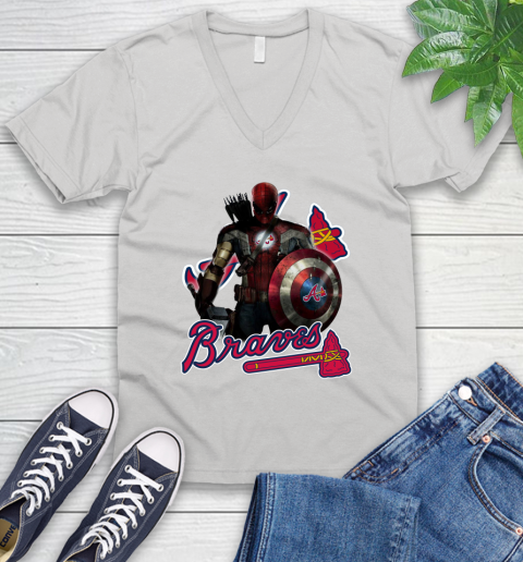 MLB Captain America Thor Spider Man Hawkeye Avengers Endgame Baseball Atlanta Braves V-Neck T-Shirt