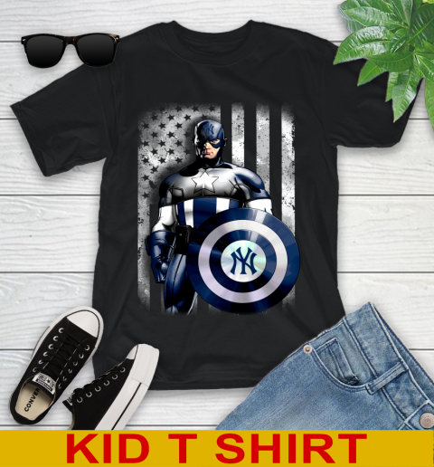 New York Yankees MLB Baseball Captain America Marvel Avengers American Flag Shirt Youth T-Shirt