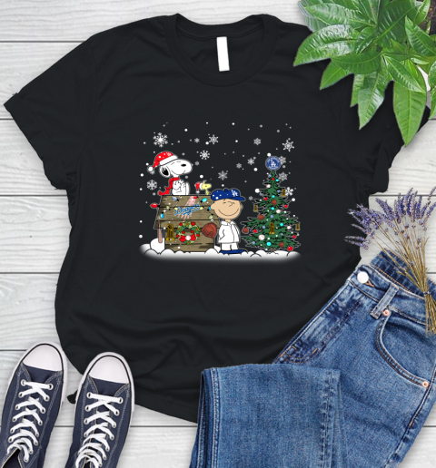 MLB Los Angeles Dodgers Snoopy Charlie Brown Christmas Baseball Commissioner's Trophy Women's T-Shirt
