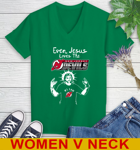 New Jersey Devils NHL Hockey Even Jesus Loves The Devils Shirt Women's V-Neck T-Shirt 5